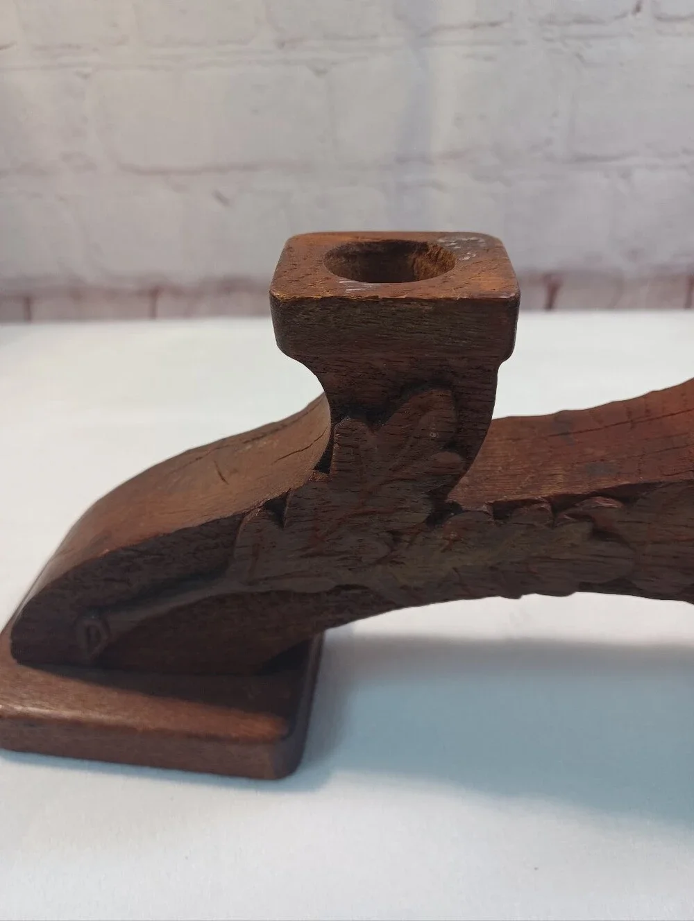 Hand Carved Solid Wood 3 Taper Candle Holder Oak Leaf & Acorn Rustic Centerpiece